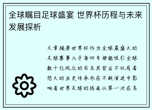 全球瞩目足球盛宴 世界杯历程与未来发展探析