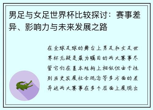 男足与女足世界杯比较探讨：赛事差异、影响力与未来发展之路